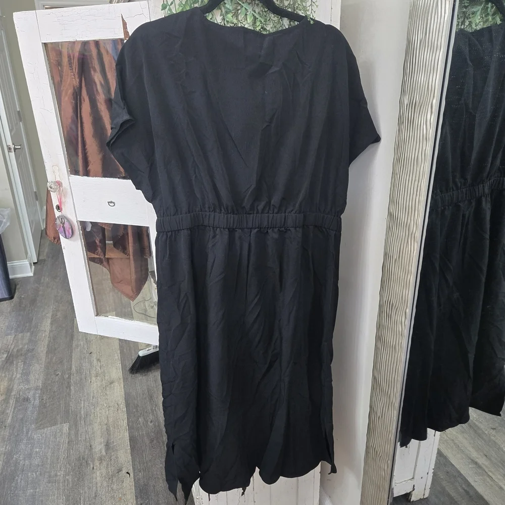 XL Black Midi Dress with Buttons Elastic Waist Goth Grunge Minimalist - Picture 2 of 4